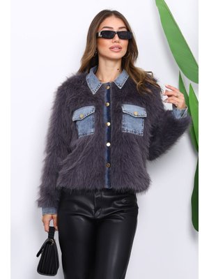 Füme Kot Detaylı Cepli Kürk Ceket