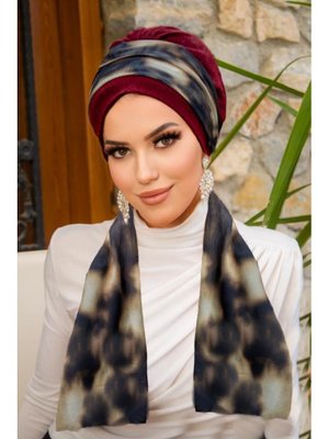 Bordo Kahve Batik Desen Fularlı Bone