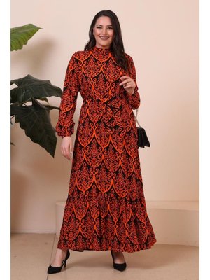 Turuncu Kadin Hakim Yaka Buyuk Beden Tesettur Viskon Kumas Pileli Ve Piliseli Elbise