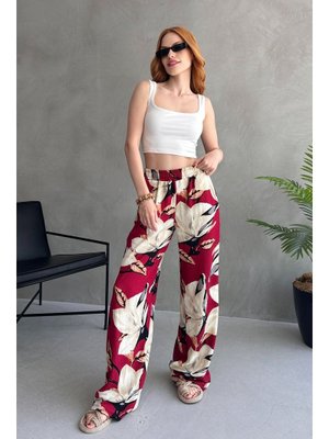 Bordo Çiçek Desenli Bol Pantolon Bordo Çiçek Desenli Bol Pantolon