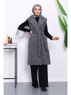 Antrasit Kruvaze Yaka Kuşaklı Keçe Yelek