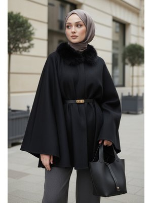 Siyah Kürk Yaka Kaşe Panço