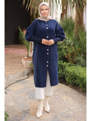 Lacivert Hakim Yaka Angora Yumoş Kaban Hırka