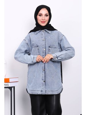 Mavi Taş İşlemeli Kot Ceket