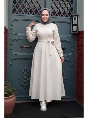Kolları Boncuk İşlemeli Ekru Elbise 23631e Kolları Boncuk İşlemeli Ekru Elbise 23631e