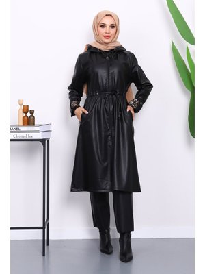 Siyah Kapüşonlu Kolu Katlı Deri Trençkot Siyah Kapüşonlu Kolu Katlı Deri Trençkot