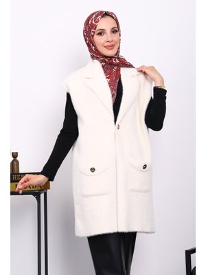 Krem Cepli Uzun Angora Yumoş Yelek