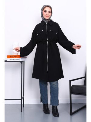 Siyah Bel Kuşaklı Çift Cepli Gabria Kap