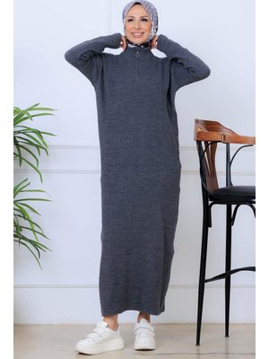 Antrasit Fitilli Triko Elbise Antrasit Fitilli Triko Elbise