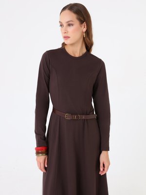 Kahverengi Doğal Kumaşlı A Form Elbise