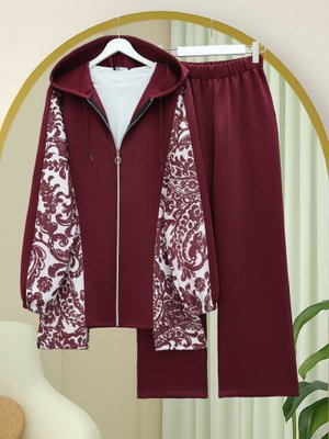 Bordo Fermuarlı Kapüşonlu Yanları Desenli Scuba Takım