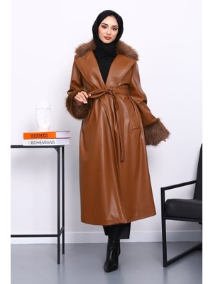 Taba Kol Yaka Kürklü Deri Trençkot