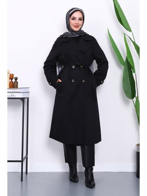 Siyah Kruvaze Yaka Astarlı Trençkot