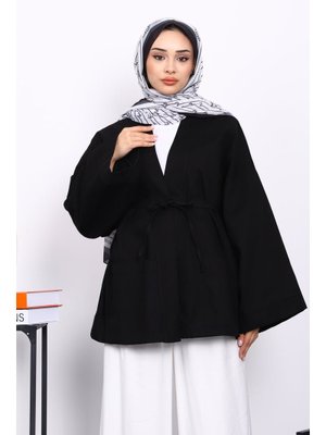 Siyah Cepli İp Detaylı Kanvas Ceket