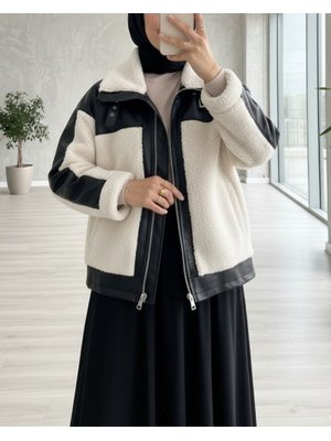 Krem Deri Garni Detaylı Fermuarlı Cepli Peluş Mont