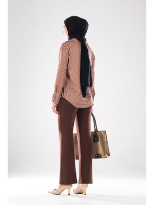 Gizli Fermuarlı Şık Pantolon 2292_ Scuba Kumaş Flare Yüksek Bel, Nervür Detaylı,