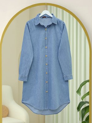 Açık Mavi Ahşap Düğmeli Uzun Kot Tunik Açık Mavi Ahşap Düğmeli Uzun Kot Tunik