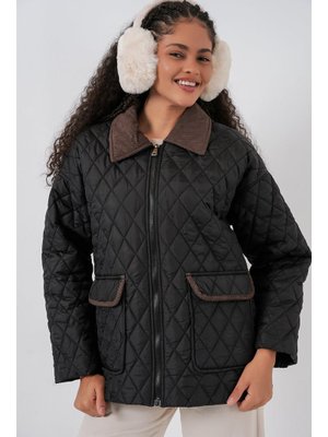 Siyah Kahve Kapitone Oversize Mont