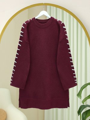 Bordo Kolları İpli Çizgili Yumoş Triko Tunik Bordo Kolları İpli Çizgili Yumoş Triko Tunik
