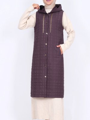 Mürdüm Kapüşonlu Zincir Detaylı Cepli Kapitone Yelek