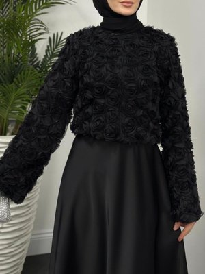 Siyah Organze Güllü İspanyol Kol Bluz