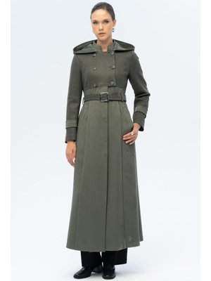 Kapüşonlu Garni Detaylı Süet Görünümlü Pardesü A.haki