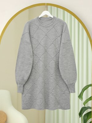 Gri Taş Detaylı Kare Desenli Triko Tunik Gri Taş Detaylı Kare Desenli Triko Tunik