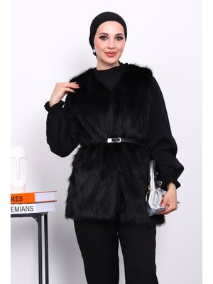 Siyah Kemerli Astarlı Kürk Yelek