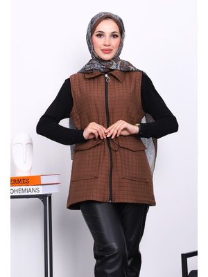 Kahverengi Fermuarlı Kapitone Yelek