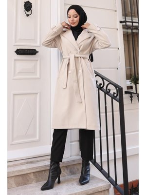 Bej Kuşaklı Kaşe Kaban