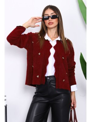 Bordo Düğme Detaylı Angora Yumoş Triko Hırka