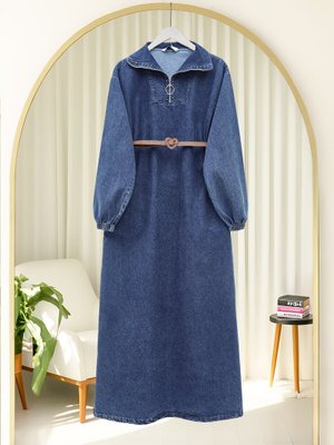 İndigo Yarım Boğazlı Fermuarlı Cepli Kot Elbise