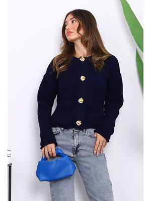 Lacivert Selanik Örgülü Kısa Triko Hırka