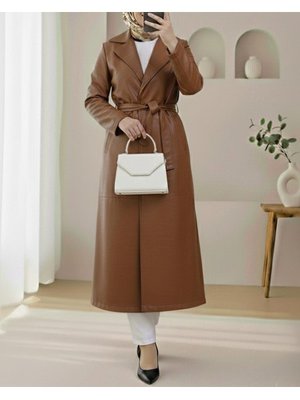 Taba Beli Kemerli Yan Cepli Tek Düğmeli Deri Trençkot