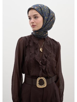 Lacivert Leana Desen Pamuklu Viskon Eşarp