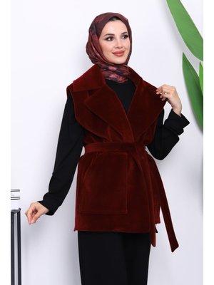 Bordo Kruvaze Yaka Kuşaklı Kaşe Yelek