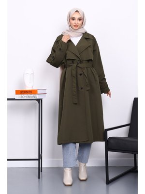 Haki Kruvaze Yaka Astarlı Trençkot Haki Kruvaze Yaka Astarlı Trençkot