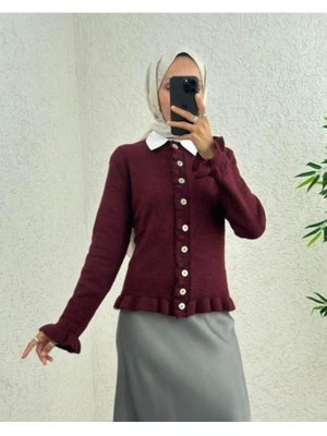 Bordo Düğmeli Önü Ve Eteği Fırfırlı Hırka