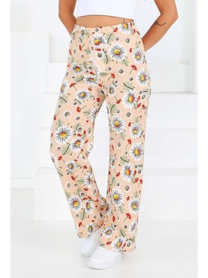 Bej Desenli Beli Lastikli Bürümcük Pantolon
