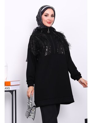 Siyah Yaka Fermuarlı Püsküllü Tunik Siyah Yaka Fermuarlı Püsküllü Tunik