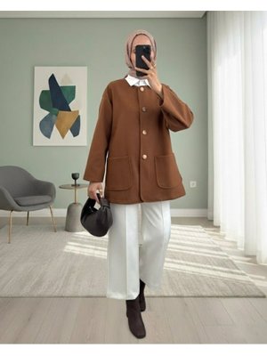 Açık Kahve Çift Cepli Önü Düğmeli Kaşe Ceket