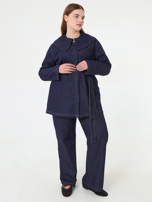Koyu Lacivert Denim Bebe Yaka Detaylı Büyük Beden Tunik Koyu Lacivert Denim Bebe Yaka Detaylı Büyük Beden Tunik