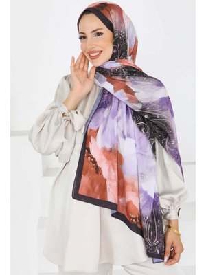 Lila Kıraş Büyük Çiçek Desenli Şal
