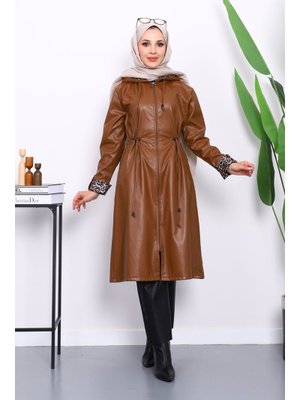 Taba Kapüşonlu Kolu Katlı Deri Trençkot Taba Kapüşonlu Kolu Katlı Deri Trençkot