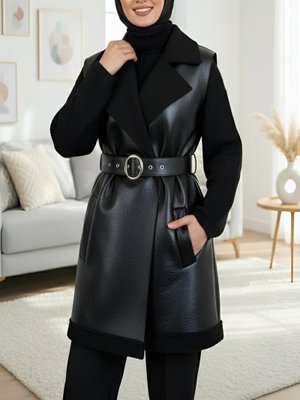 Siyah Kalın Kemerli İçi Kürklü Cepli Deri Yelek