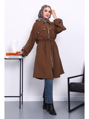 Kahverengi Bel Kuşaklı Çift Cepli Gabria Kap