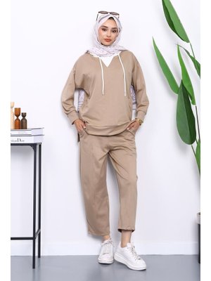 Vizon Kapüşonlu Tunik Pantolonlu Takım Vizon Kapüşonlu Tunik Pantolonlu Takım