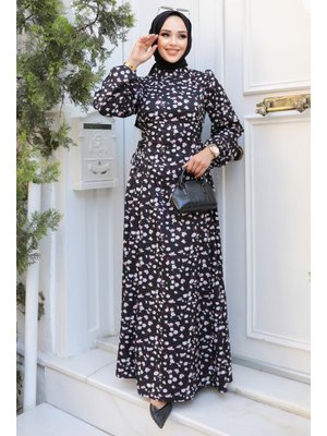 Çiçek Desenli Siyah Elbise 61071s Çiçek Desenli Siyah Elbise 61071s