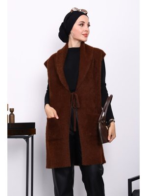 Kahverengi Ön Bağlamalı Cepli Angora Yumoş Yelek