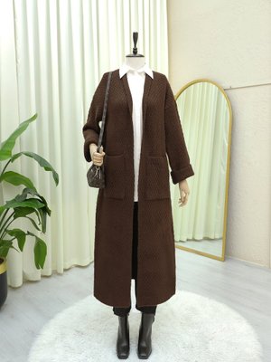 Kahve Çift Cepli Uzun Triko Hırka